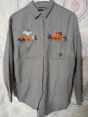 Black & White Check Halloween Embroidered Button-Down Shirt
